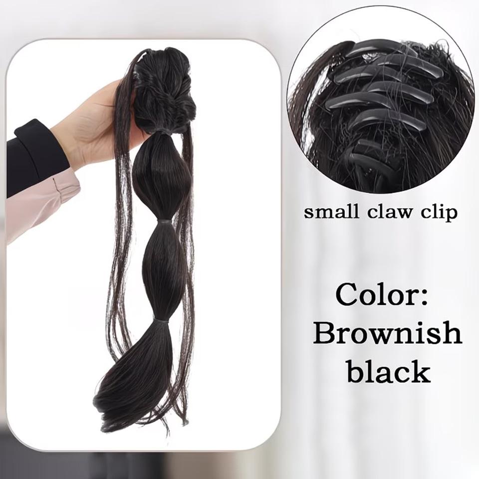 Pençe Klipsli ve Ejderha Sakallı Baloncuk Örgülü At Kuyruğu Peruk 16 İnç Düz Saçlı Baloncuk Örgülü At Kuyruklu Peruk