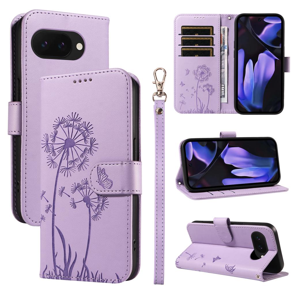 For Google Pixel 9a Leather Wallet Case with Strap Dandelion Imprint Phone Stand Cover