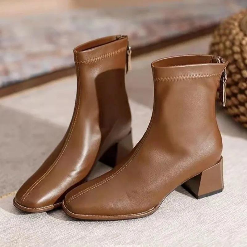 Women Outdoor Square Toe Ankle Boots Women Comfortable Fashion Designer Shoes Mid Heels Zipper Boots Big Size Shoes For Women