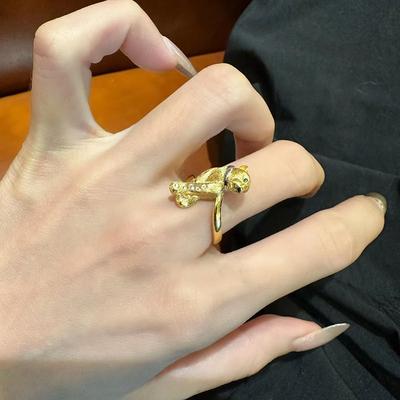 Medieval Golden Leopard Ring With Diamond Drawing Process Three-Dimensional Leopard Light Luxury High-End Sense Retro Index Finger Ring