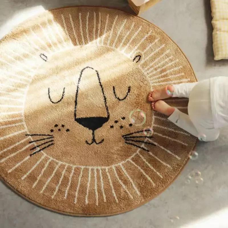 Cartoon Lion Playmat Round Shape Mat for Children Kid Play Pad Round Carpet Living Room Rug for Bedroom Pography Props