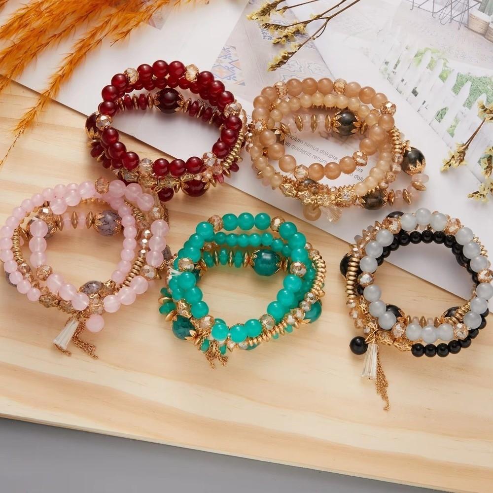 Crystal Tassel Bohemian Crystal Bracelet Multi-Layer Elastic Rope Tassel Bracelet Handmade Beaded Adjustable Women Bracelet