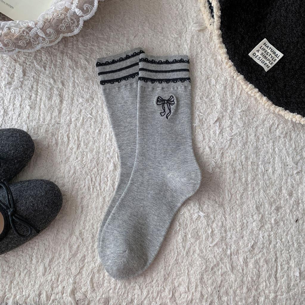 Bow Embroidered Socks Women'S Striped Lace Sweet Tube Socks Outer Lace Stacking Socks