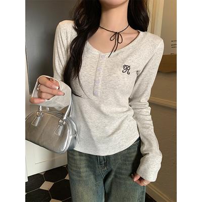 Autumn and Winter Brushed Thickened Warm Half-open Collar Embroidered Long-sleeved Bottoming Shirt for Women Slim Fit Short Top for Small People