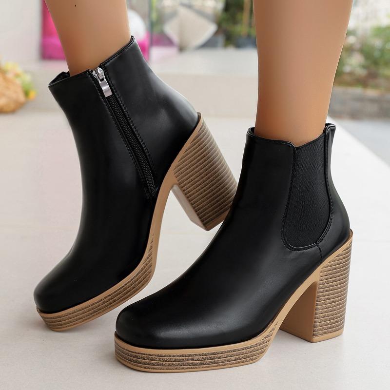 

Large size round head thick heel Martin boots women s new high heel side zipper short fashion boots 36