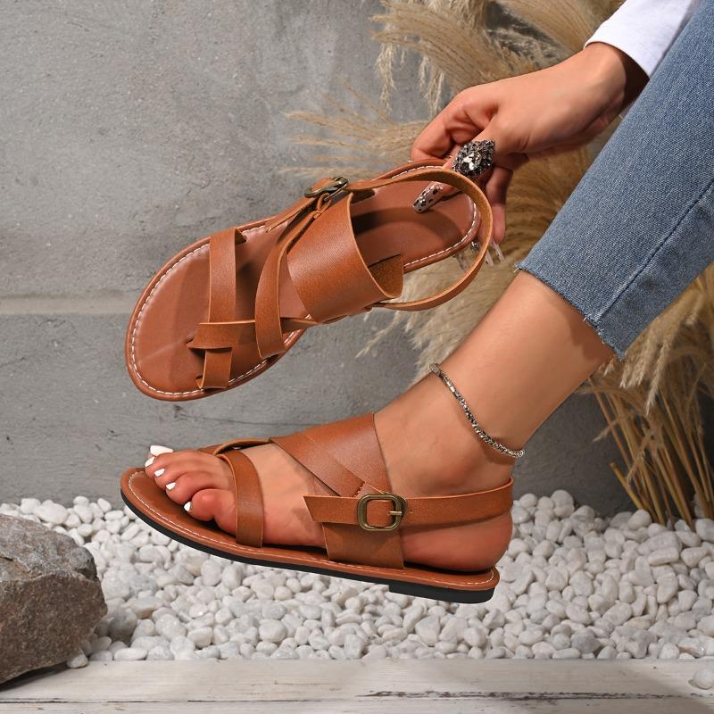 Mode Neuer Stil Damen Sandalen Damen Flache Absätze Zehensteg Lässige Römersandalen Sommer Knöchelriemchen mit Schnalle Weibliche Strandschuhe