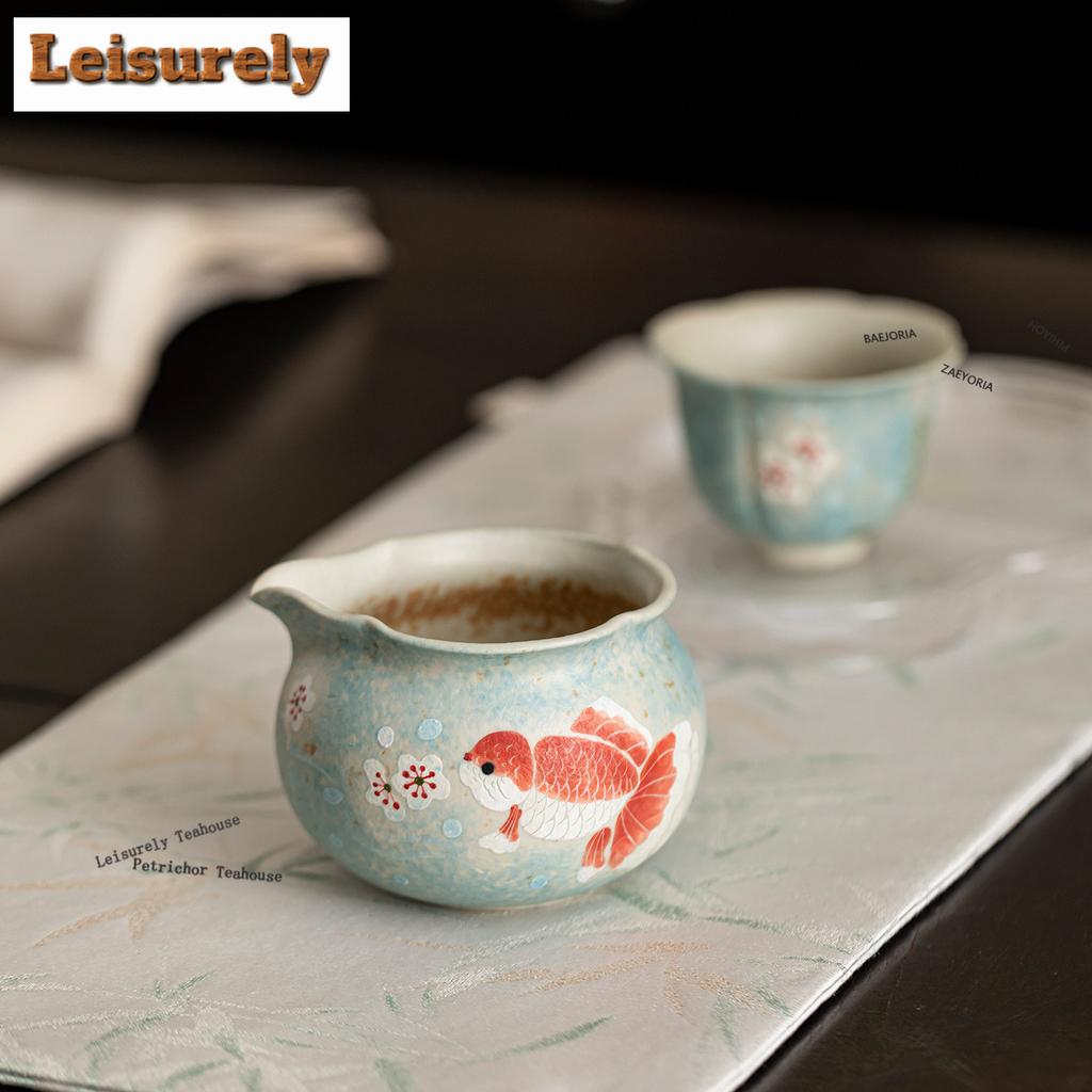 HOYIHM 111ml Firestone Red Hand-painted Koi Tea Pitcher Tea Divider Cha Hai Dispenser Justice Cup Fair Mug Tea Services Supplies