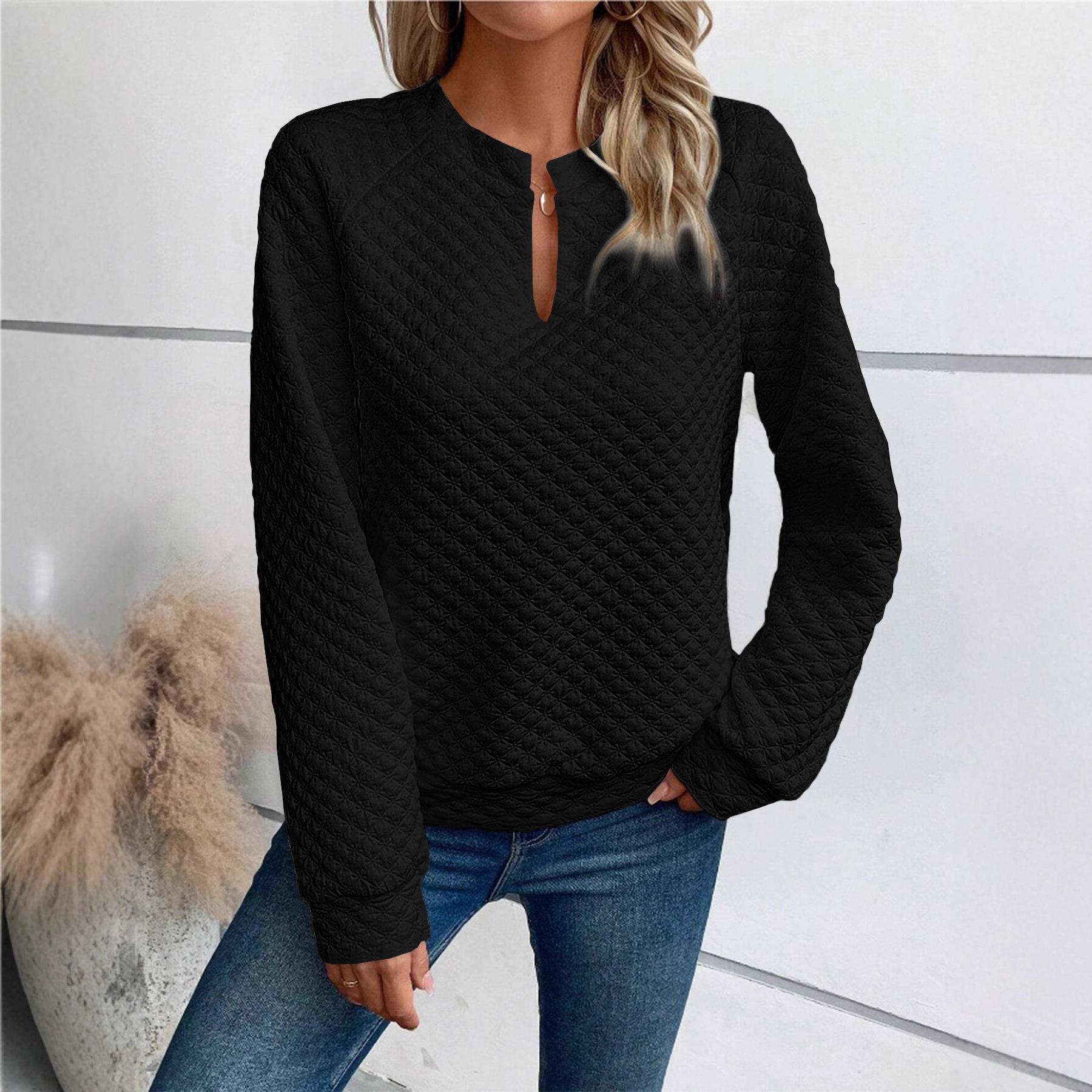 Women Solid V Neck Spliced Long Sleeve Casual Sweatshirt S чёрный