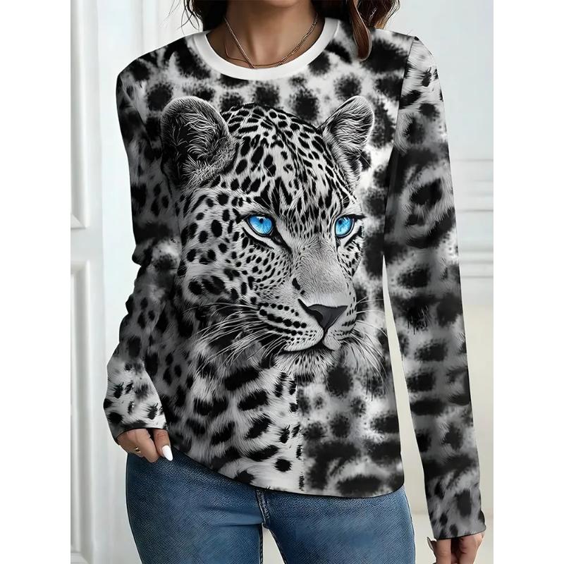 Modisches Damen Rundhals Langarm 3D Lässiges Farbdruck Lässiges Langarm Rundhals T-Shirt