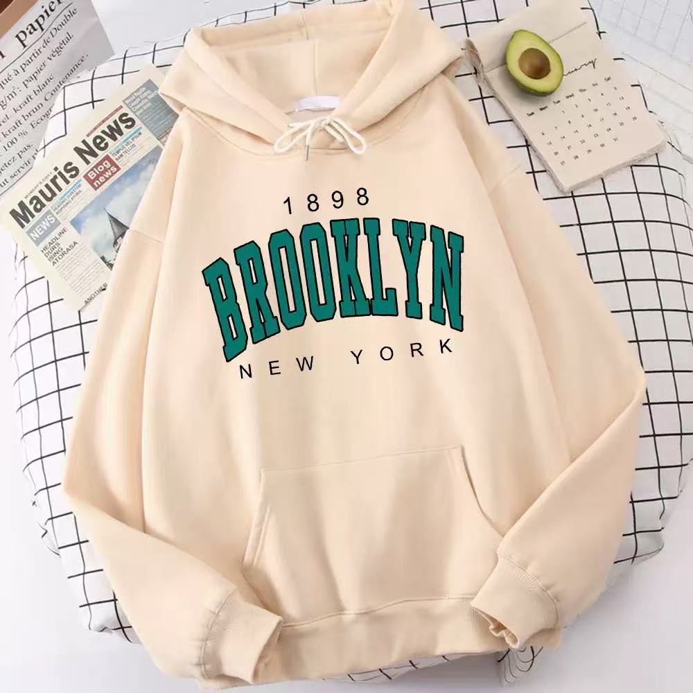 Women Brooklyn Letter Print Hoodie Fleece Lined Thick Oversized Loose Pullover Sweatshirt American Street Chic Lazy Style Autumn Winter Casual Top