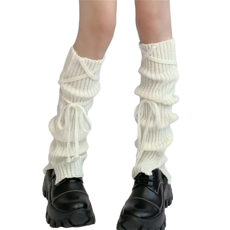 Girls Lolitas Leg Warmers Bows Lace Up Knit Flared Leg Sleeves Goth Baggy Cuffs Ankle Heap Socks JK Uniform Foot Cover
