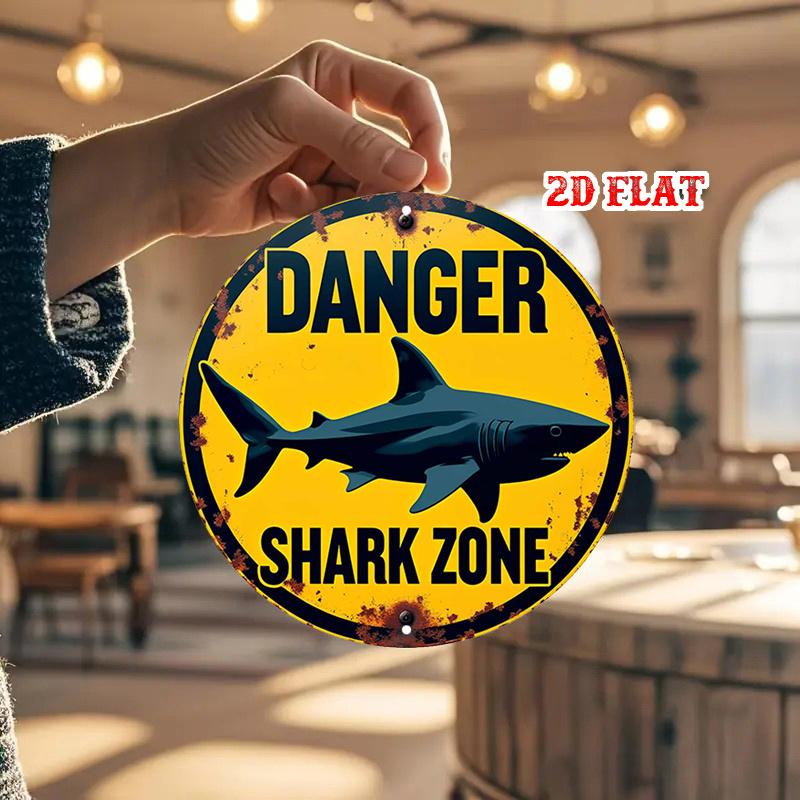 D Flat Round Aluminum Sign with Rustic Charm Featuring a Danger Warning for Shark Zones This Metal Tin Sign Serves