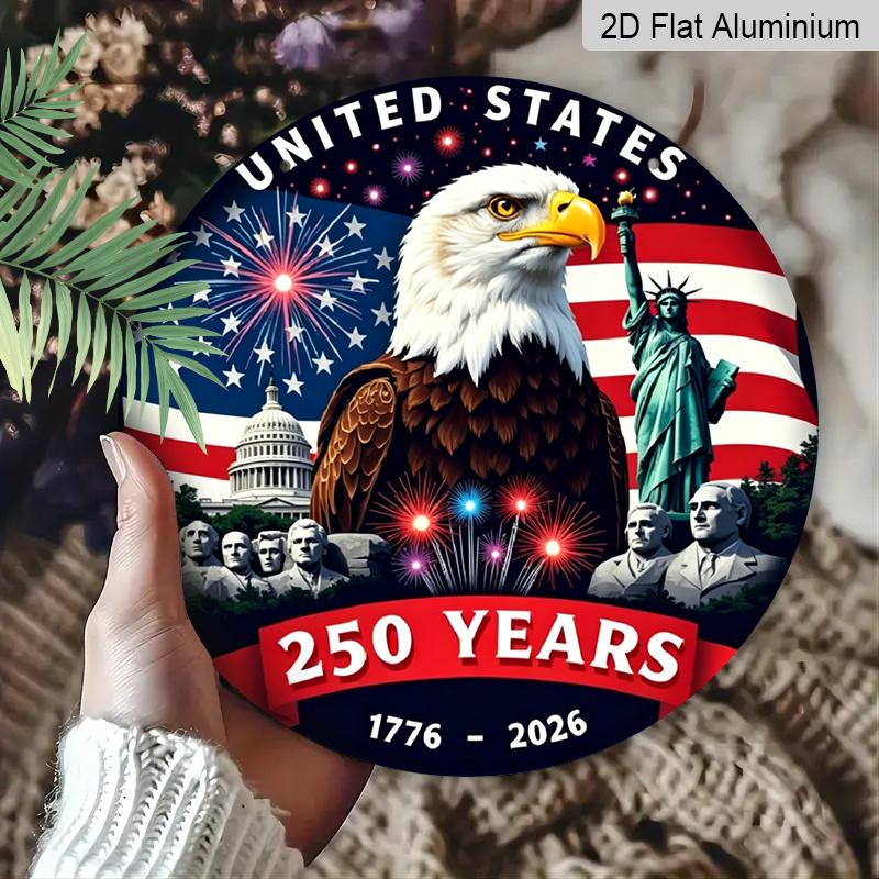 2D Flat, 1pc Circular Aluminum Decorative Plaque, Celebrating The 250Th Anniversary of America with a Patriotic Eagle & American Landmarks Design