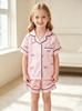 Mädchen Schlafanzug Set, 2-teilig, kurzärmelig, mit Knöpfen und Schleifen-Print, Weiche Loungewear für 4-8 Jahre