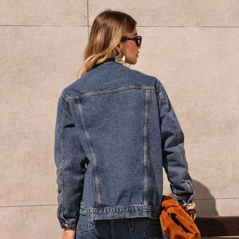 Womens Relaxed Fit Denim Jacket In Deep Blue Collar Style Long Sleeve Casual Korean-Japanese Inspired Outerwear