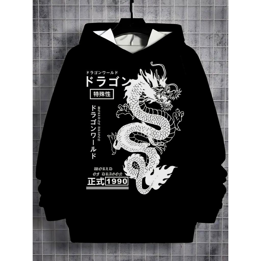 Boy Japanese Anime Dragon print Flower Hoodie -3D White Dragon with Japanese Design, Soft Polyester Hoodie Suitable for Indoor/Outdoor Activities