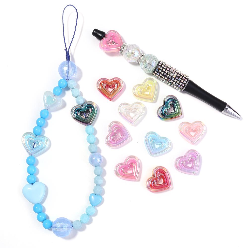 10pcs Colored Heart Shaped Beads Acrylic Hollow Beads Spacer Bead For DIY Handmade Charms Bracelet Keychains Jewelry Accessories