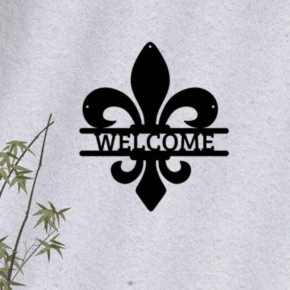 Wrought Iron Fleur de Lis Door Sign, Elegant Metal Wall Decor for Home Entrance, French Theme Cafe Boutique Art Hanging