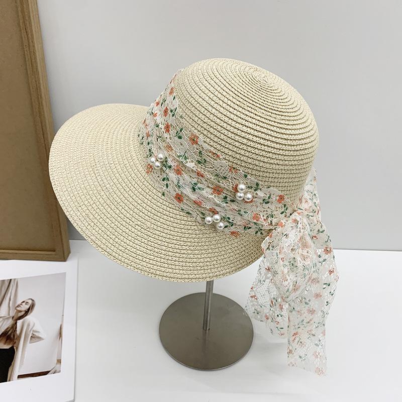 Straw hat children summer beach sun protection sun hat travel seaside vacation wide brim lace bow sun hat