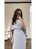 European and American 2024 Solid Color Satin Batwing Shawl Dress with Long Sleeves