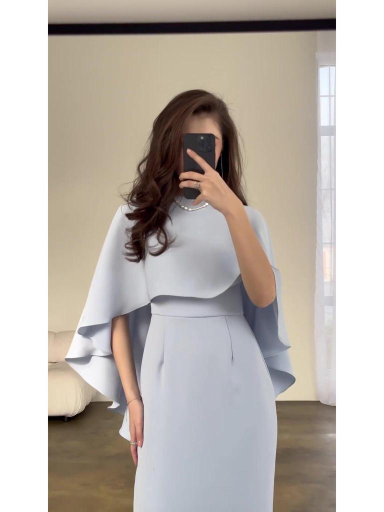 European and American 2024 Solid Color Satin Batwing Shawl Dress with Long Sleeves