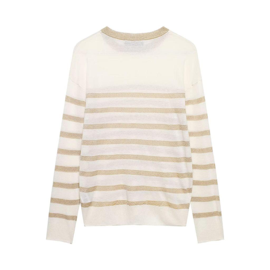 2026 Spring Women's Metallic Thread Knit Striped Sweater - European & American Style, Round Neck, Color 7174