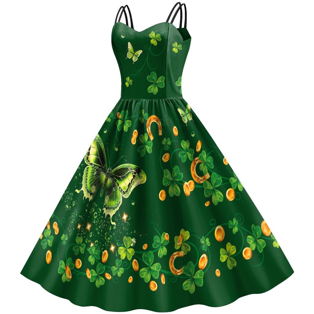 Women's Spaghetti Strap Clover Dress - St. Patrick's Day Irish Festival Clothing