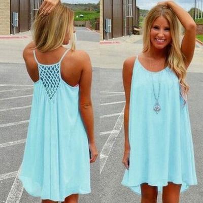 O-Neck Sleeveless Beach Dress Mesh Stitching Backless Bright Color Women Summer Sling Chiffon Dress Streetwear