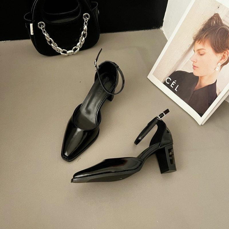 Fashion Shoes Hollowed Out Wood Grain Thick With Retro Hollow Baotou Single Shoe Square Head Nude Patent Leather High Heels Woman