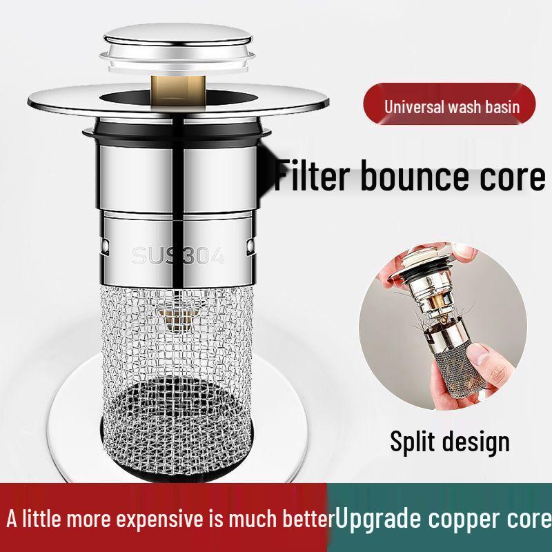 Universal Stainless Steel Press-Type Basin Drain Plug with Anti-Odor Blocking for Washbasins