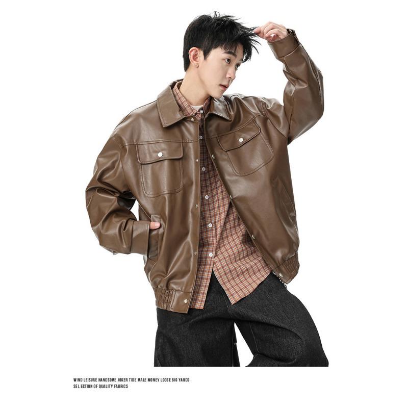 Men's Brown Faux Leather Bomber Jacket - Oversized Casual Streetwear PU Leather Jacket with Pockets