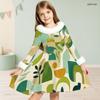 Girls Faux Fur Trim High Neck Long Sleeve Geometric Printed A Line Flared Dress