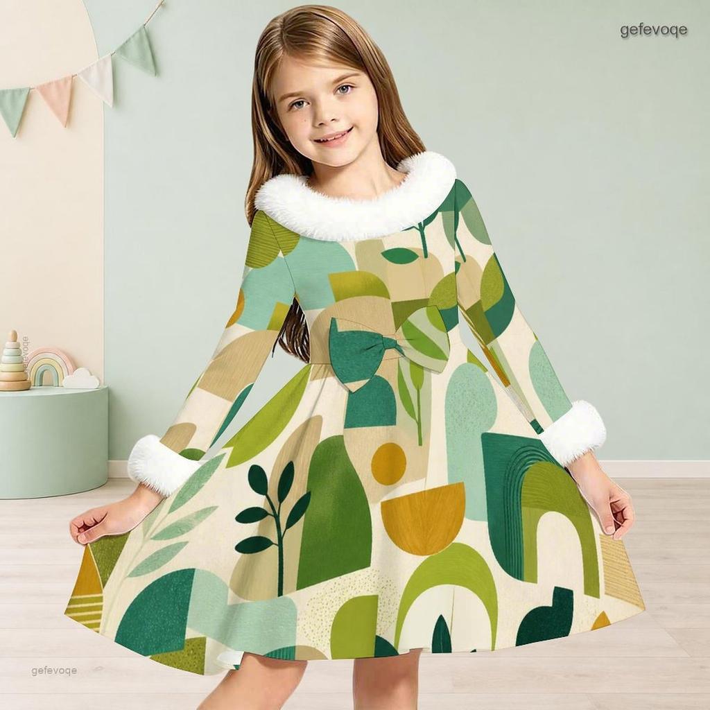 Girls Faux Fur Trim High Neck Long Sleeve Geometric Printed A Line Flared Dress