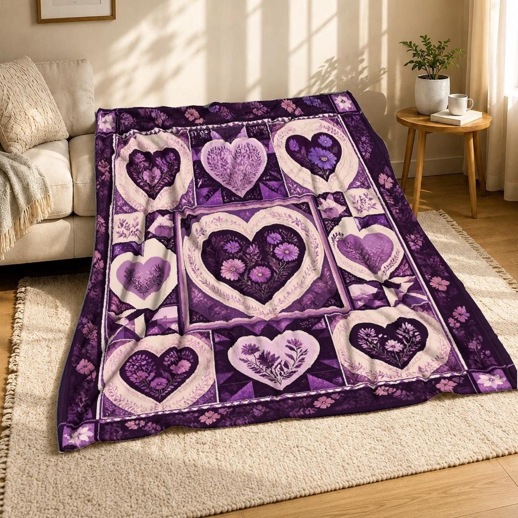 Purple Floral Heart Patchwork Coral Fleece Blanket