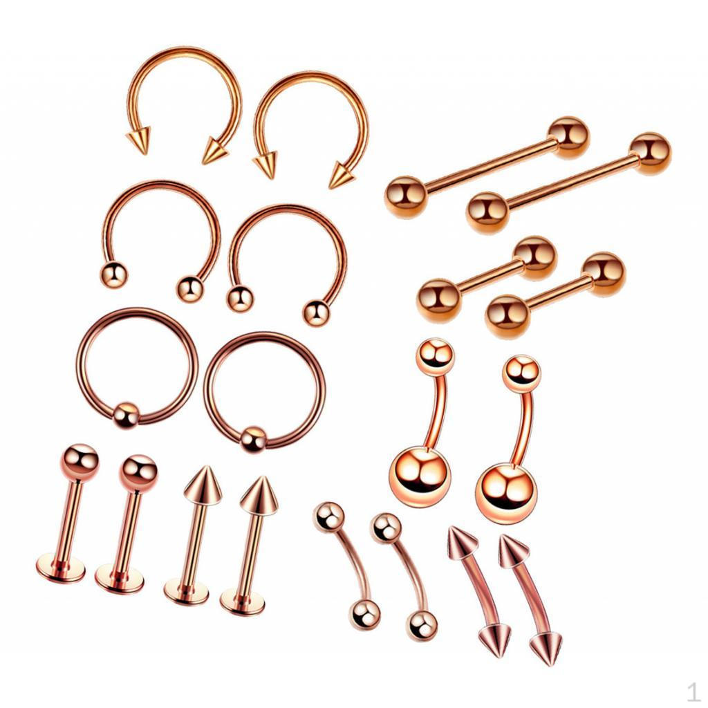 20 6G Jewelry Kit Stainless Steel Nose Lip Eyebrow Navel Button Rings Barbells