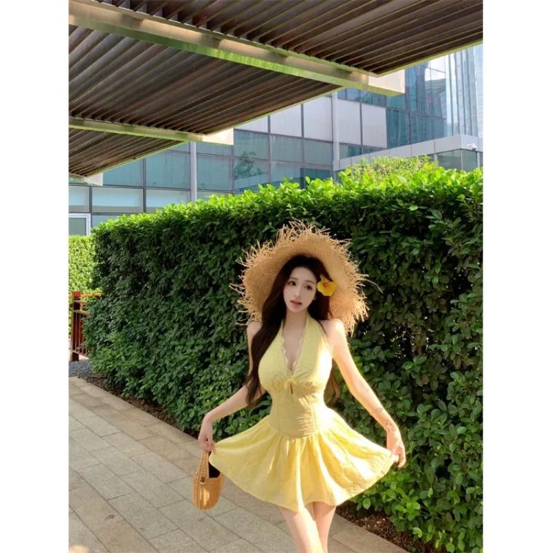 White Halter Neck Mini Dress for Women Backless Ruched Flared Hem Party Clubwear