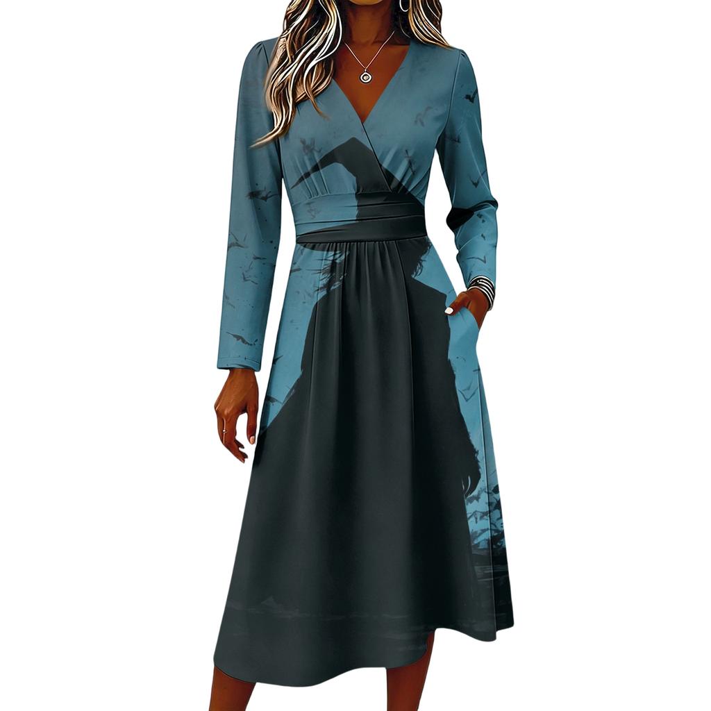 Women's Casual Halloween Print Long Sleeve V-Neck Dress with Pockets for Fall Party