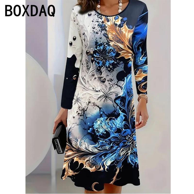 Vintage Floral A-Line Dresses Autumn Winter O-Neck Long Sleeve Casual Dress Female Elegant Bohemian Dress Vestidos Big Size