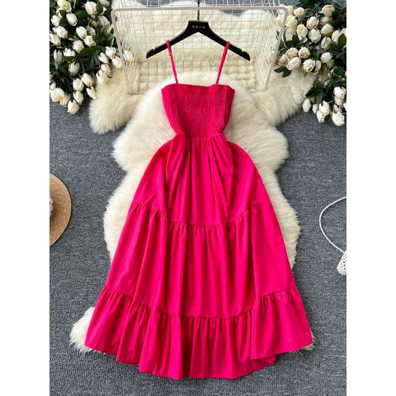 Sling Dress Women's 2024 Summer Dress New Arrival Elastic Tight Waist Slim Looking Sleeveless Tube Top Ruffles Long Dress