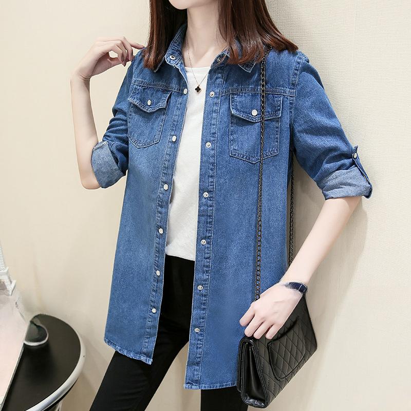 

A Mid-length Slimming Denim Shirt for Autumn and Winter with A Long-sleeved Women s Shirt As A Base and A Denim Jacket 3XL темно-синього кольору