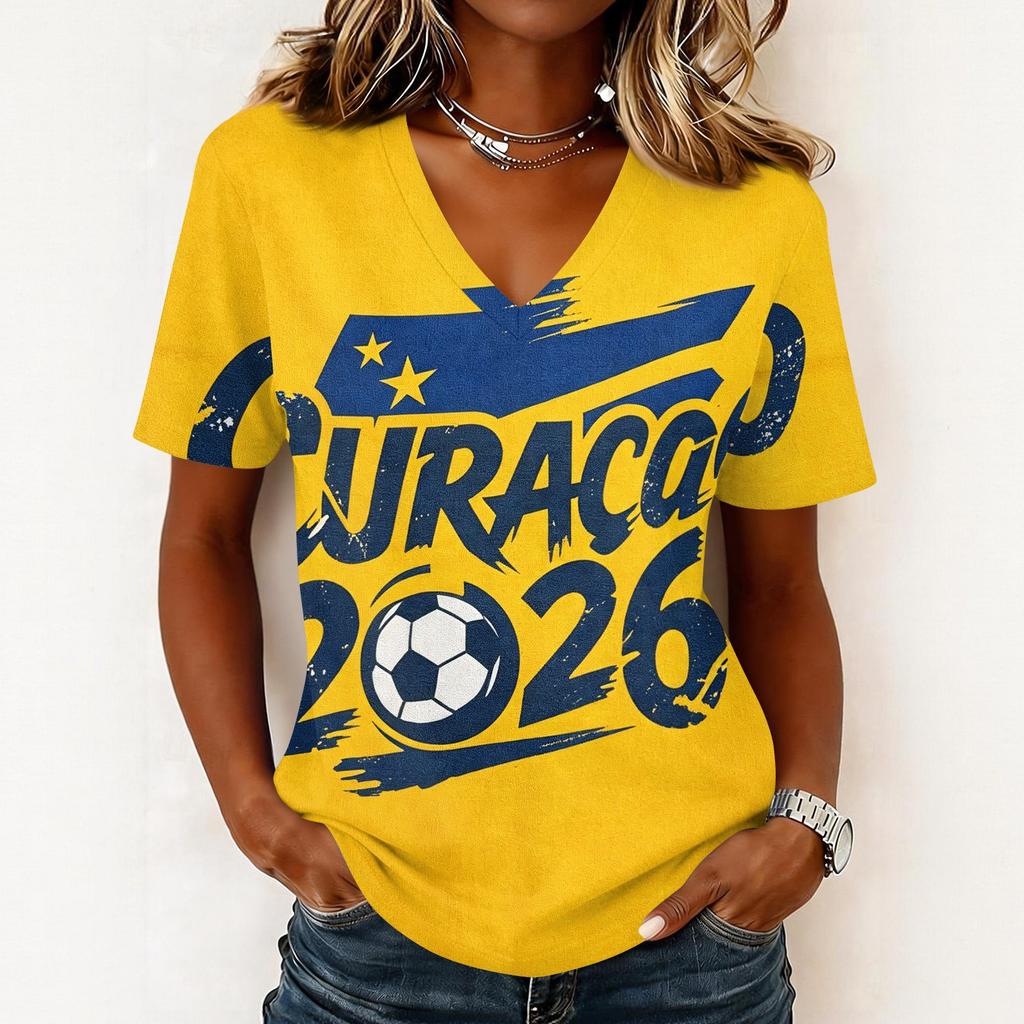 Women V Neck Pullover Short Sleeve Casual Top Soccer Graphic Print Relaxed Fit Lightweight Tee for Summer