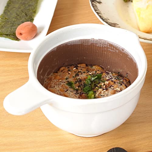 Kamoshika Tool Shop Natto Bowl (Regular Size) with Stirring Stick, Bamboo, Small Bowl, Banko Ware, Made In Japan (White)