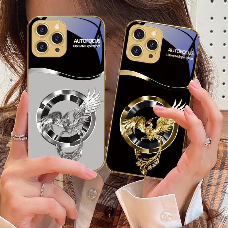 Schöner Pinker Phönix Für IPhone 16 16Pro Max 15 P ro 14 13 Plus 12 Mini 11Pro Max XS Max XR Goldene gehärtete Glas Handyhülle