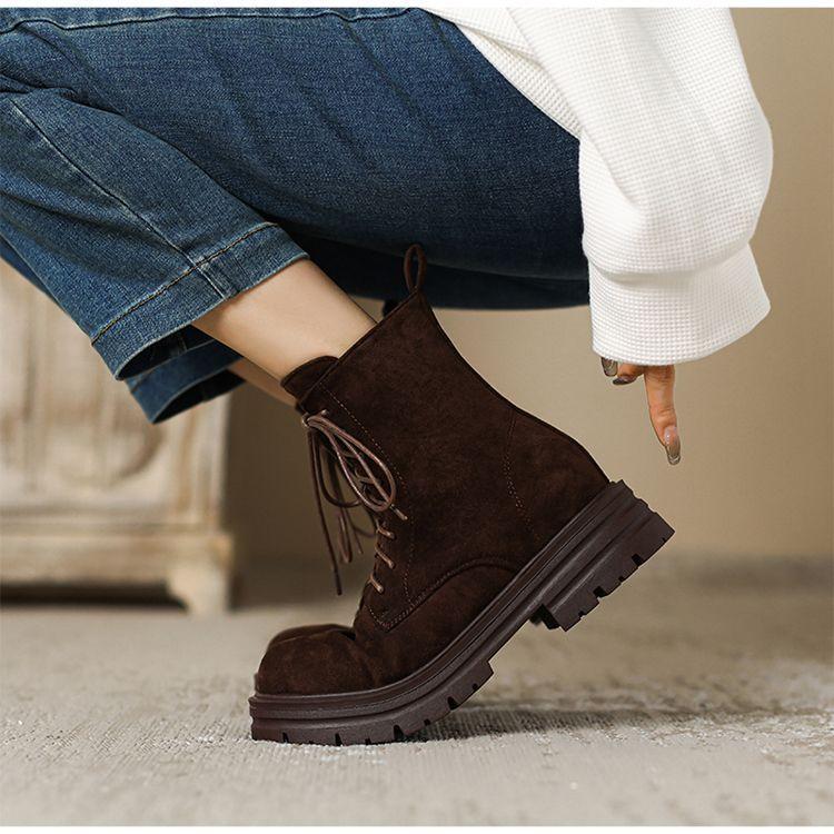 Vintage Suede Matte Round Head 2025 Autumn and Winter New Lace-up Martin Boots Women's British Style Thick-soled Thick-heeled Short Boots