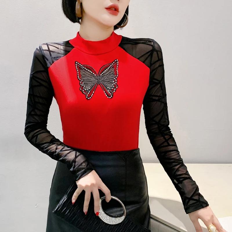 Spring Autumn Classic Butterfly Hot Diamonds T-Shirt Sexy Women Cotton Tees Fashion Streetwear Girl Tops Shirts