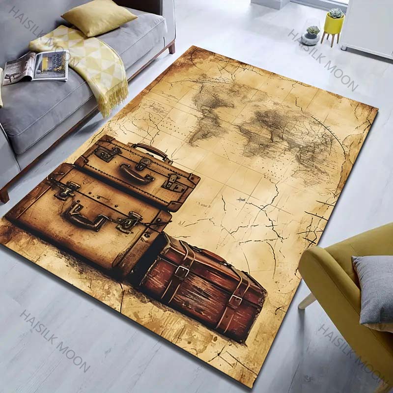 Koffer und Weltkarte bedruckter Teppich für Schlafzimmer Wohnzimmer Bettseite Sofa Bodenmatte Modernes Wohndekor Bereichsteppich Große Größe
