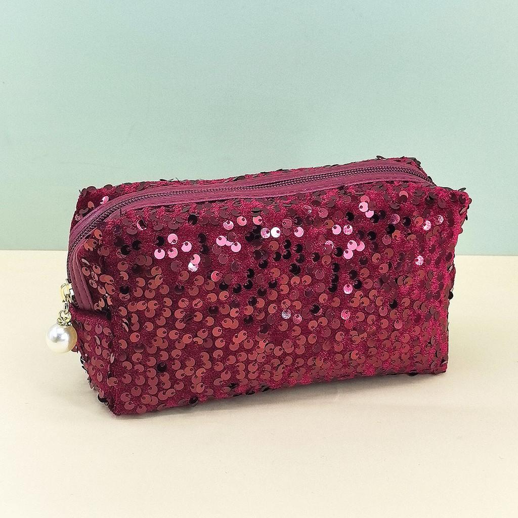 Velvet Sequin Makeup Bag With Large Capacity For Travel And Daily Use