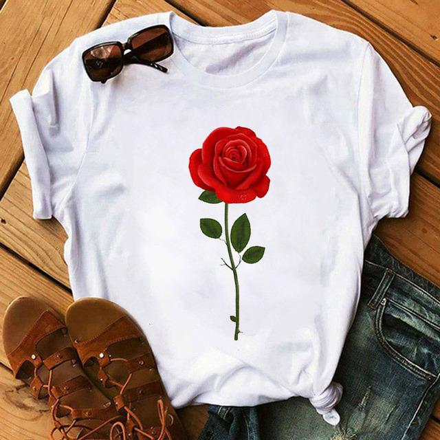 Fashion Women T Shirt Red Rose Flower Printed T-Shirt Harajuku Short Sleeve Tops Female Ladies Cute Graphic Tee Shirts T-Shirt