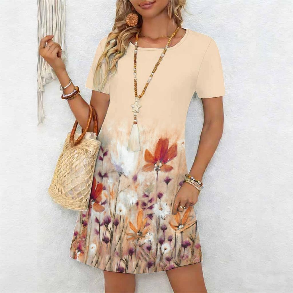 Moda damska Eleganckie piękne kwiatowe nadruki Lato Wiosna Krótki rękaw O-Neck Sukienki codzienne