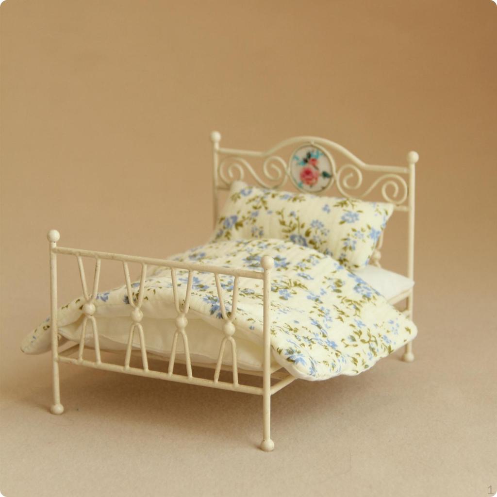 Bed with Bedding Vintage Miniature Metal Ornate Furniture for Collectors, Kids, Display Scenes